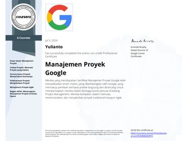 Sertifikat Google Project Management Coursera Yulianto